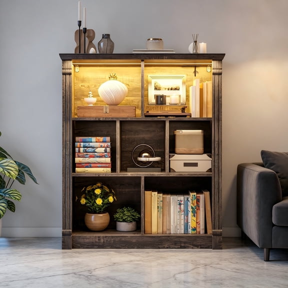 7 Cube Bookshelf Cubby Storage Organizer with LED Lights and Charging Station, Wood Shelf Display Cabinet for Bedroom, Living Room, Office, Black Oak