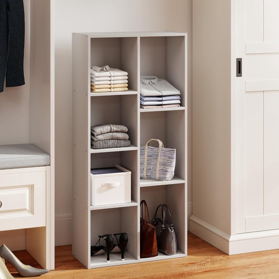 7 Cube Storage Closet Organizer, Wood 19.5 * 9.4 * 41.7 inch Closet Clothes Organizer with 5 Shelves, Storage Unit with 7 Cubes for Bedroom, Laundry, White