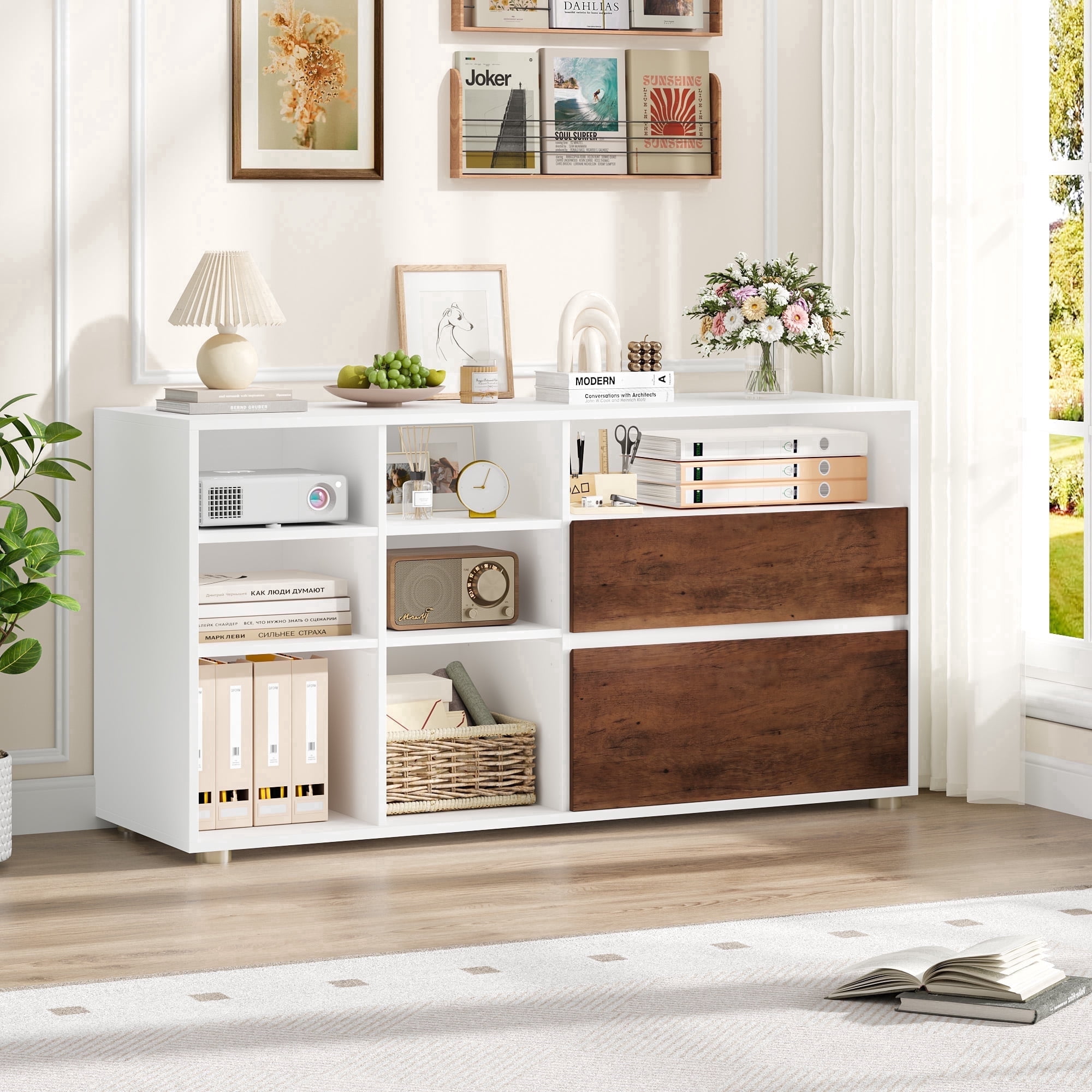 Homfa 7 Cube Storage Organizer with Adjustable Shelf & Cable Management, Farmhouse Cube Bookcase with Drawer for Ofiice, White