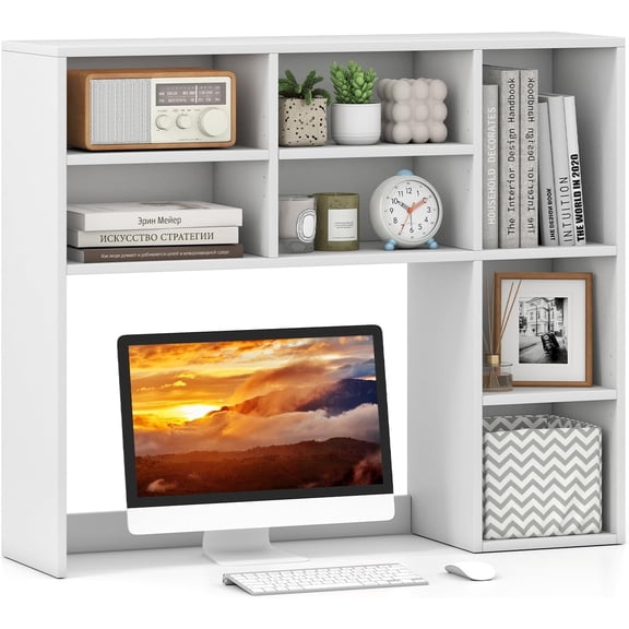 7 Cubes Desktop Bookshelf, 37 Desk Organizer Shelf with 3 Adjustable Shelves, 3-Tier Wood Countertop Display Rack, Multipurpose Tabletop Desk Hutch for Dorm, Home Office, White