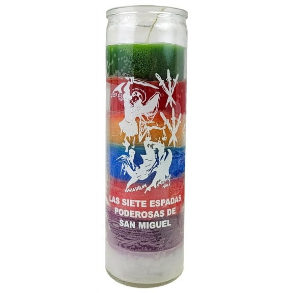 7 Day Candle 7 Powerful Swords of St. Michael Multi-Color Glass Jar Candle