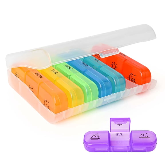 7 Day Colorful Pill Organizer 3X Daily, Large Sealed Travel Pill Case for Vitamins & Medications
