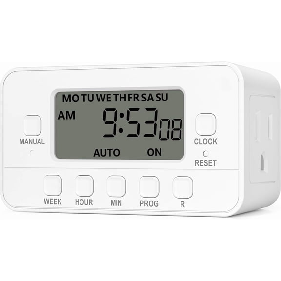 7-Day Heavy Duty Digital Timer with Dual Outlet, LCD Display, 3-Prong Programmable Design, for Lights, Fans, Coffee Machine, Home, Kitchen, Office, Indoor Use, 125V 15A 1875W, 1 Pack