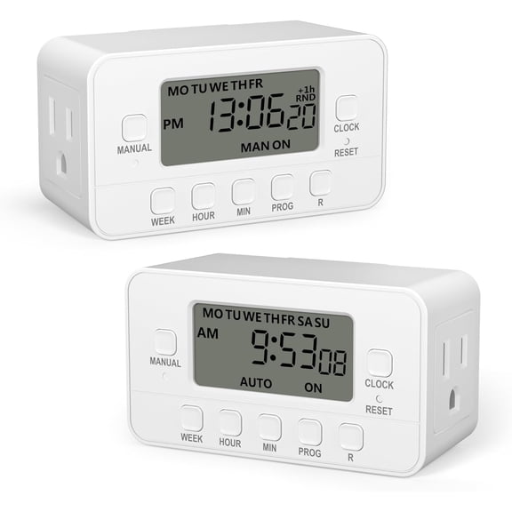 7-Day Heavy Duty Digital Timer with Dual Outlet, LCD Display, 3-Prong Programmable Design, for Lights, Fans, Coffee Machine, Home, Office, Indoor Use, 125V 15A 1875W, 2 Pack