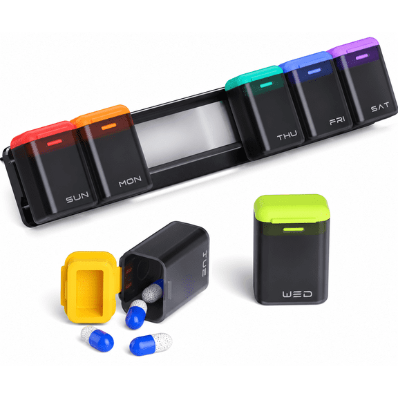 7-Day Magnetic Pill Organizer for Fridge, Removable Once-Daily Weekly Pill Box, Portable Vitamin & Supplement Storage Case for Travel, Black