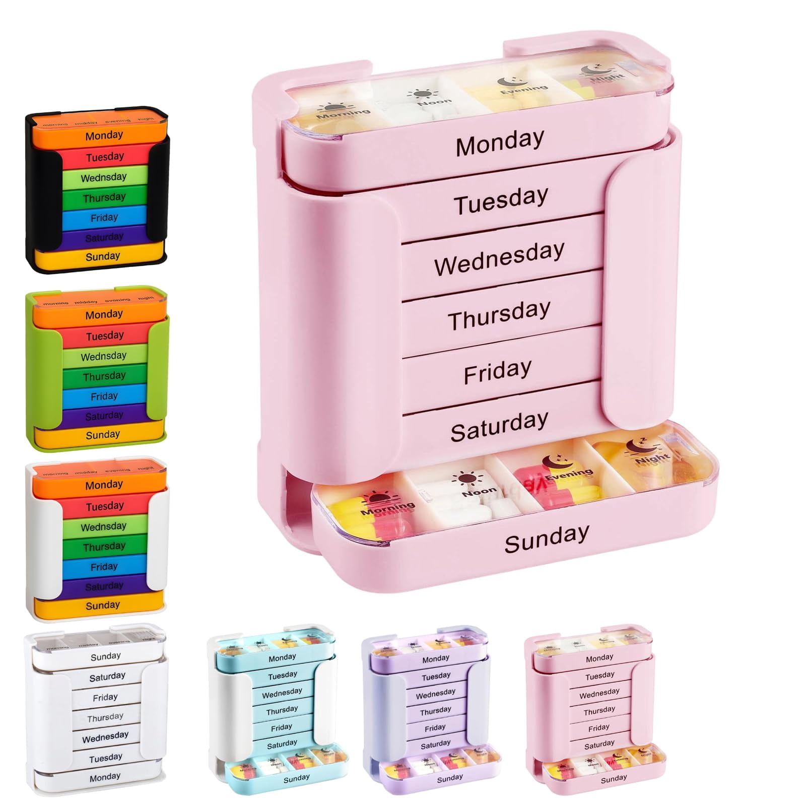 7-Day Medication Organizer – Weekly Pill Organizer with 4 Daily Compartments (Morning, Noon, Evening, Bedtime), Stackable, Portable for Home & Travel