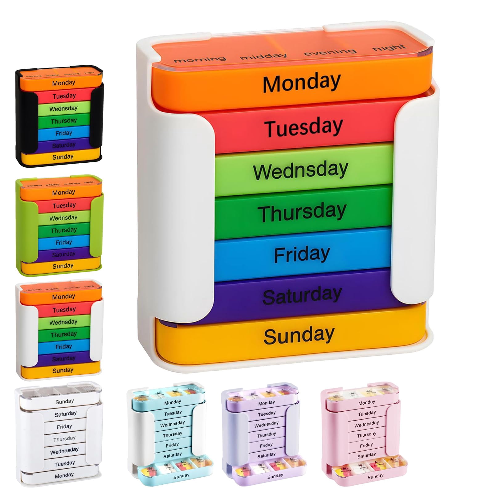 7-Day Medication Organizer – Weekly Pill Organizer with 4 Daily Compartments (Morning, Noon, Evening, Bedtime), Stackable, Portable for Home & Travel