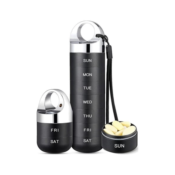 7-Day Metal Pill Organizer with Safety Buckle, Waterproof Aluminum Weekly Pill Box for Travel & Home, Stackable Moisture-Proof Medication Dispenser, Small Black Round