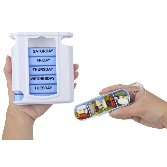 7 Day Pill Box Organizer, Hard Case with Embedded Magnet, 7 Stackable Trays with 4 Times a Day Small Pill Compartments Labeled for Morning, Noon, Evening, and Night. Perfect for Organizing Medications