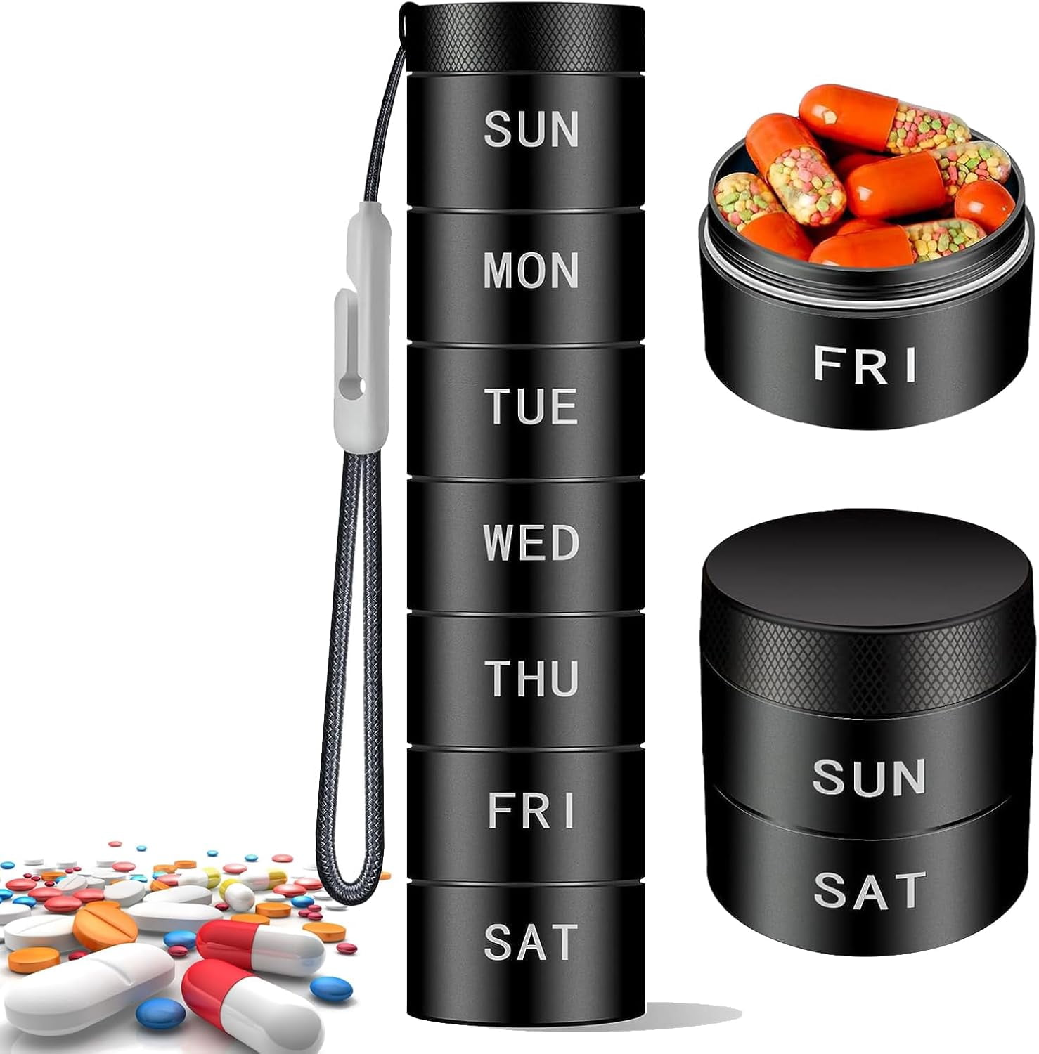 7 Day Pill Organizer Small Travel Size, Weekly Pill Case with Removable Days, Portable Pill Container Waterproof Bpa Free Aluminum Medicine Pill Box, Detachable Daily Pill Holder