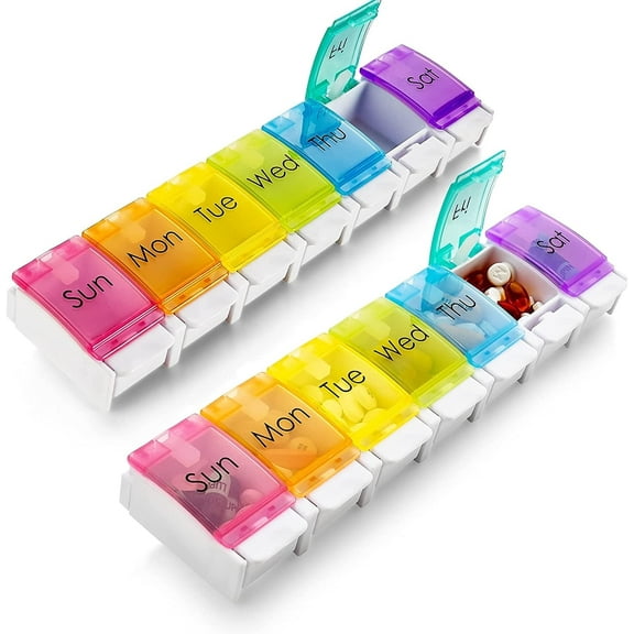 7-Day Pill Organizer with Push Button, Multicolor, Plastic - 2 Pack