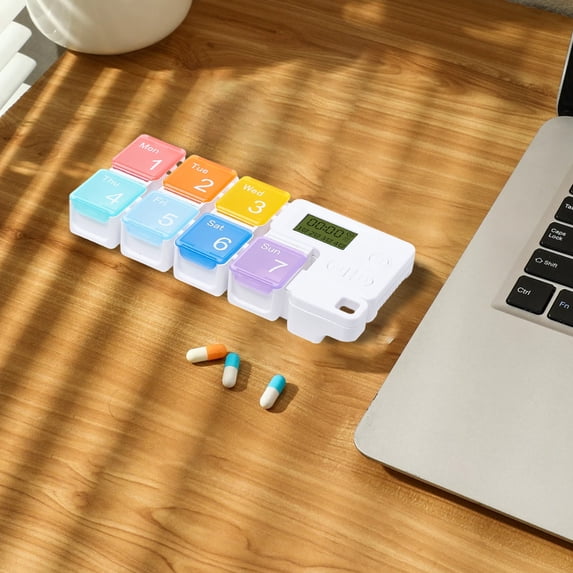 7-Day Pill Organizer with Reminder Alarm, Portable Travel Medication Box, 28 Compartments for Vitamins (1-Pack)