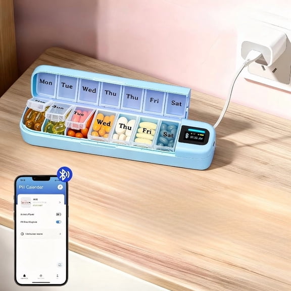 7-Day Smart Pill Box with Bluetooth Reminder Alarm, Portable Medication Organizer with 7 Compartments for Home and Travel Use,Blue