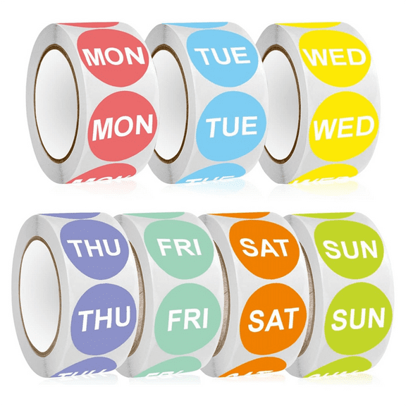 7 Day of the Week Sticker,1 Inch Round Dot Food Rotation Labels-3500 Pcs Date Stickers for Containers(7 Rolls)