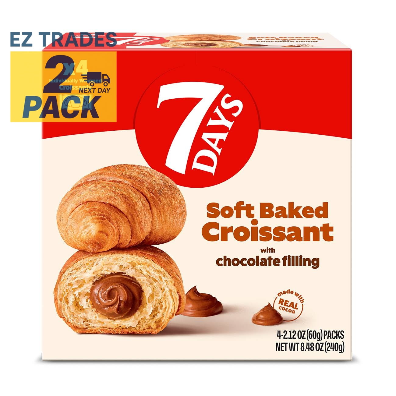 7 Days Chocolate Cream Filling Soft Croissants, 4 ct pack of 2, Chocolate Cream Croissants, 7 Days Croissants, Soft Croissants, 4 ct, pack of 2, ship from EZ Trades