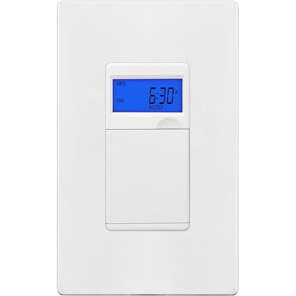 7 Days Digital in-Wall Programmable Timer for Lights, Fans, and Motors, Single Pole, Neutral Wire Required, 18 ON/Off Settings, with Blue Backlight, White