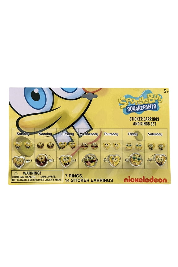 7 Days Spongebob Squarepants Sticker Earrings And Jewelry Adjustable Rings Set