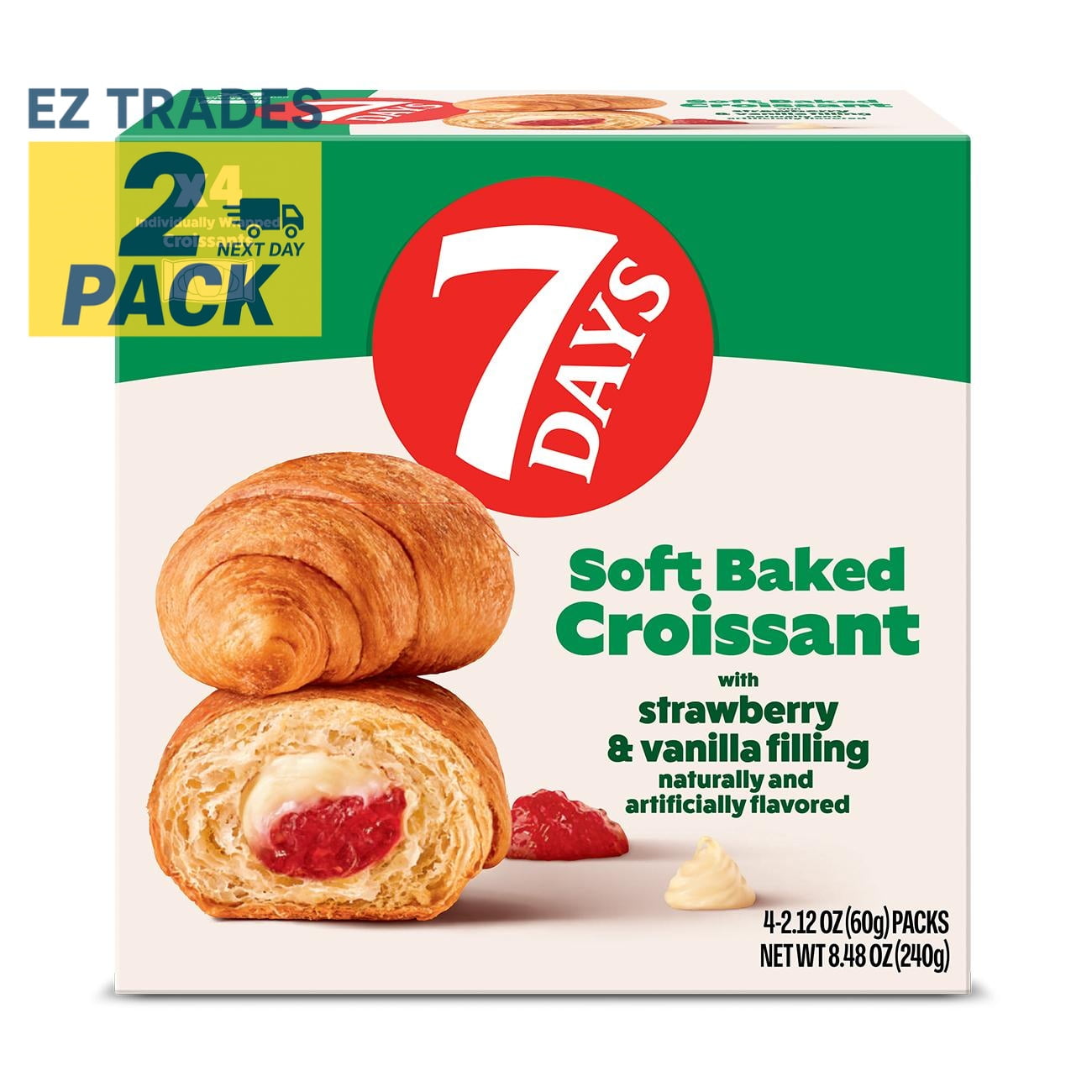 7 Days Strawberry Vanilla Soft Croissant Double, 4 ct pack of 2, Strawberry Vanilla Croissants, 7 Days Croissants, Soft Croissants, 4 ct, pack of 2, ship from EZ Trades