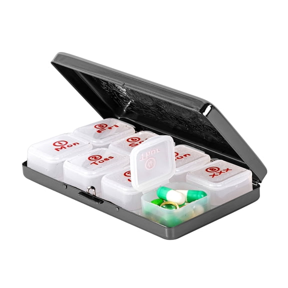 7-Days a Week Metal Pill Box - Medication Planner with Medication Dispenser, Fine Pattern, Food Grade PP Compartment.(Black)
