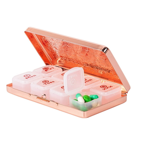 7-Days a Week Metal Pill Box - Medication Planner with Medication Dispenser, Fine Pattern, Food Grade PP Compartment.(Rose)