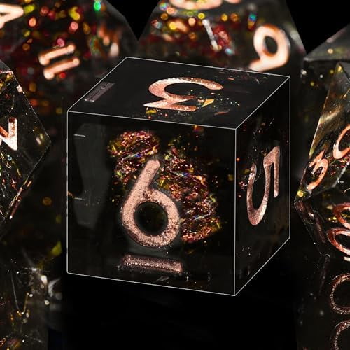 7-Die DND Dice Set Handmade Sharp Edge Polyhedral Dice for Dungeons and Dragons D&D RPG MTG Table Games (Black & Red, Copper)