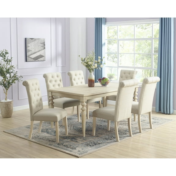 7 Dining Collection: Rectangular Table With 6 Fashionable Button- Chairs : Comfy Chairs, Beige Brown Finish