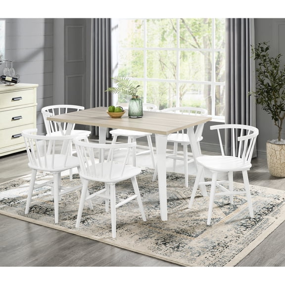 7 Dining Composition - Rectangular Table And 6 Fashionable White Seating Options Arrangement Natural Wood With Elegant
