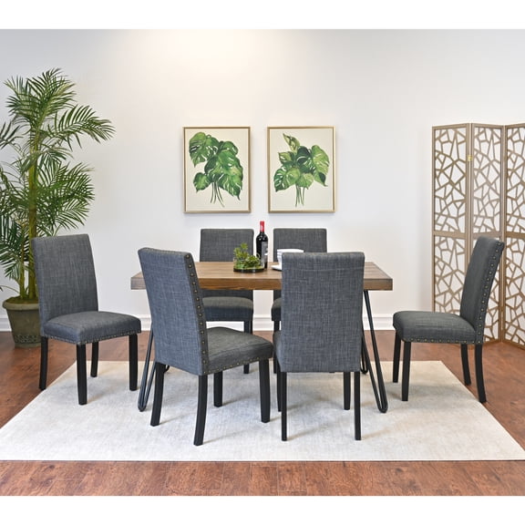 7 Dining , Hairpin Design Table With 6 Chairs, Rustic Dark Pine Tabletop Look, 3 Color Options, Rectangular For 6, Metal Base Structure Tabletop, Choices, Stable