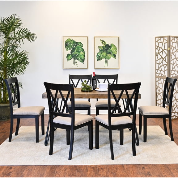 7 Dining : Hairpin Table & 6 Chairs, Color, Engineered Wood Tabletop, Metal Base, Solid Rubberwood In Black, With Seats, Top, Chair Construction