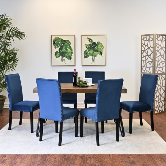 7 Dining: Rectangular Table With Hairpin Legs, 6 Chairs, Dark Hue, Seats Dining & Brown Wood Tone, Metal Base, Soft Velvet Seats, Room