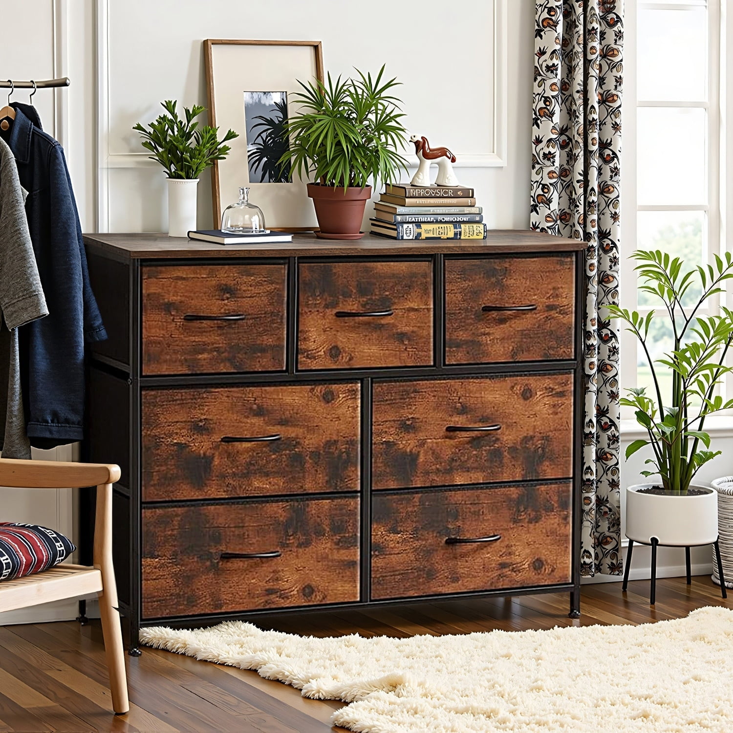 Brown 39.3" Wood and Fabric 7-Drawer Chest with Levelers