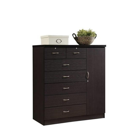7-Drawer Chest with Locks On 2-Top Drawers Plus 1-Door, 3-Shelves - Chocolate