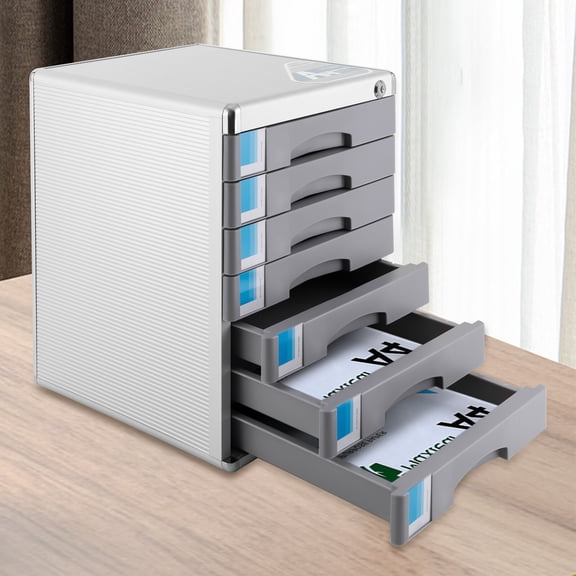 7 Drawer Desktop File Organizer, Locking Document Cabinet with Key, Aluminum PP Storage Chest, for Office Home School, Grey, 11.8"x14"x16"