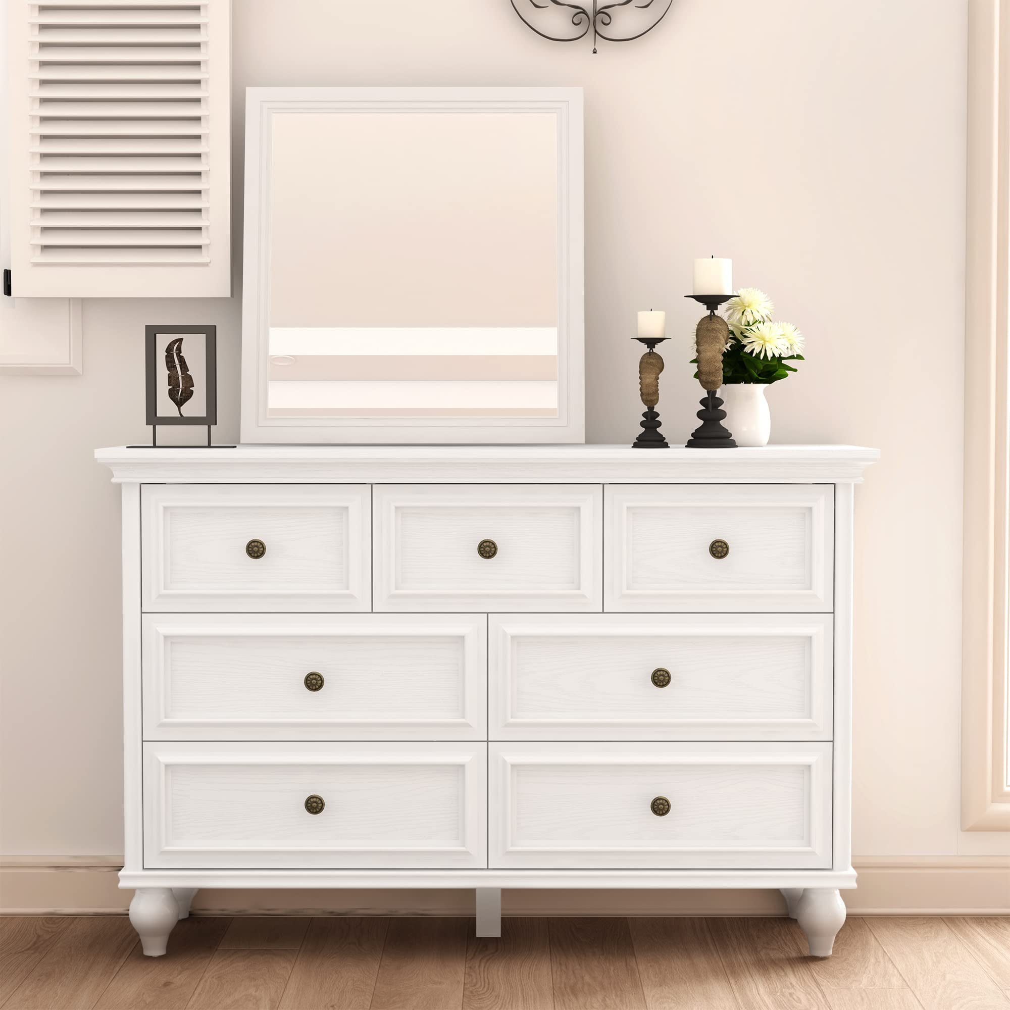 White Wood 7-Drawer Farmhouse Double Dresser