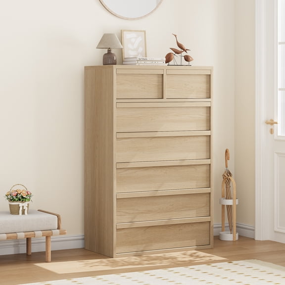 7-Drawer Dresser, 46" Tall Large Storage Wooden Chest & Organizer for Bedroom, Living Room, Nursery, Entryway — Natural wood color