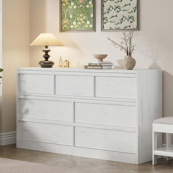 7-Drawer Dresser, 54" Wide Chest of Drawers, Engineered Wood Storage Cabinet with Deep Drawers, Thick Water-Resistant Top, Anti-Tip Hardware, for Bedroom Living Room Hallway,Antique white