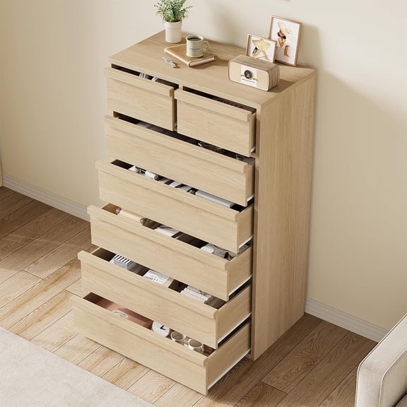 7 Drawer Dresser for Bedroom, 46in Wide Natural Oak 6 Chest of Drawers with Large Storage, Wooden Dresser Organizer for Living Room, Nursery, Entryway