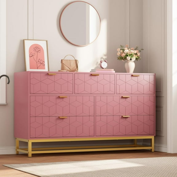 7 Drawer Dresser for Bedroom,53.5" Wide Wood Chest of Drawers with Gold Handle,Modern Storage Organizer/TV Stand with Deep Drawers for Bedroom, Living Room, Hallway Pink