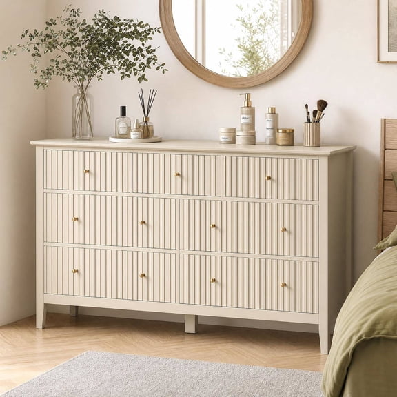 7 Drawer Dresser for Bedroom, 53" Wide Modern Wooden Chest of Drawers with Metal Handles, Painted Surface, Sturdy and Stable Storage Cabinet for Living Room, Beige
