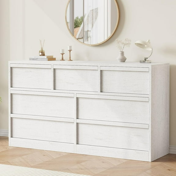 7 Drawer Dresser for Bedroom, 54in Wide Antique White 7 Chest of Drawers with Large Storage, Wooden Dresser Organizer for Living Room, Nursery, Entryway