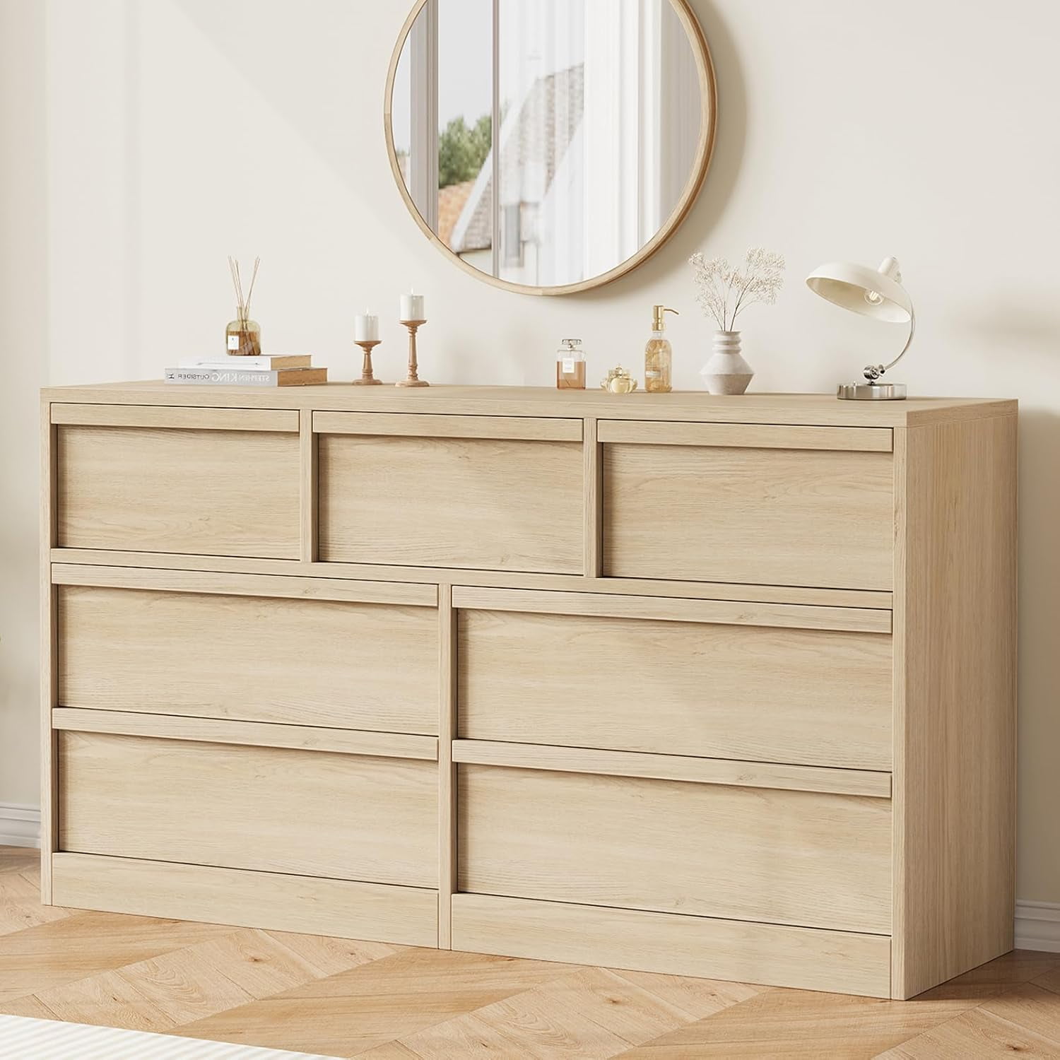 7 Drawer Dresser for Bedroom, Modern Double Dresser Organizer with 7 Drawers Large Storage, Wooden Chest of Drawers for Bedroom, Living Room, Nursery - Natural