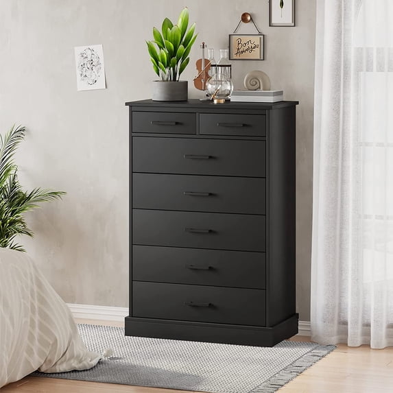 7 Drawer Dresser, Black Chest of Drawers for Bedroom Living Room Hallway