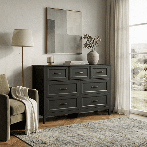7-Drawer Dresser & Chest of Drawers, 47" W Wood Storage Cabinet with Metal Handles, FSC-Certified, Anti-Tip Safety, TV Stand for Hallway, Entryway, Living Room, Bedroom, Black