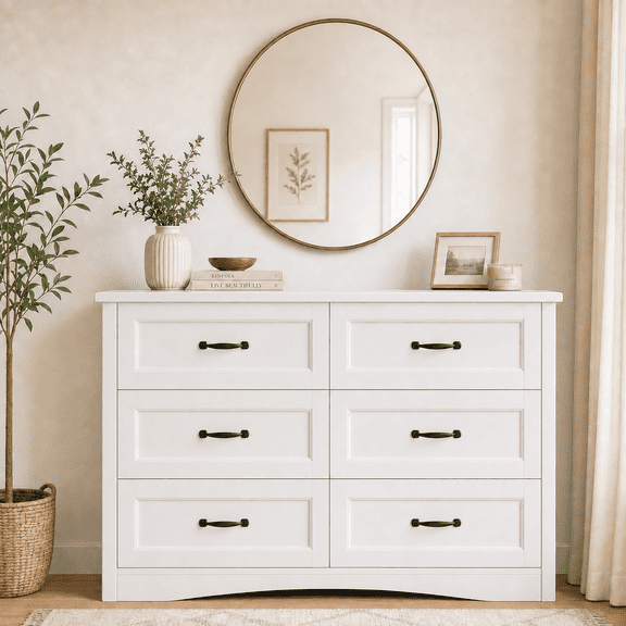 47" Wide 6 Drawer Dresser, Modern Wood Chest of Drawers & TV Stand, Anti-tip Safety, Antique White