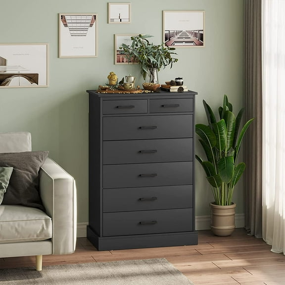 7 Drawer Dresser Chest of Drawers for Bedroom with Solid Bottom & “X” Steel Frame, Large Tall Dresser Storage Cabinet for Living Room, Black
