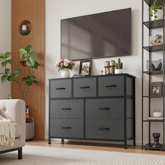 7 Drawer Dresser with Fabric Bins Fabric Storage Tower Organizer for Bedroom Closet Hallway Entryway Tall Chest of Drawers with Steel Frame Wood Top Easy Pull Handles,Dark Gray