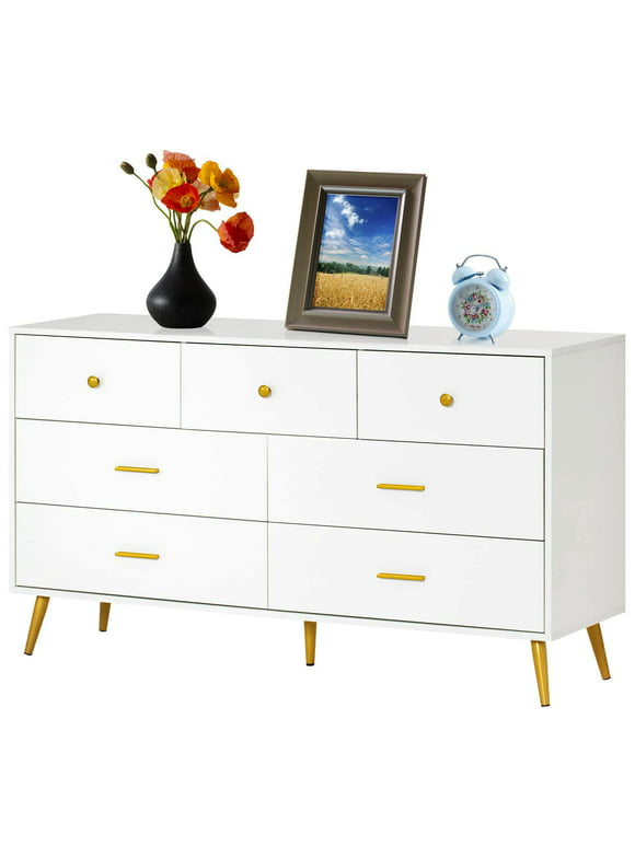 7 Drawer Dresser For Bedroom, 55-inch White and Gold Dresser Chest of Drawers Wood Bedroom Organizer(White-7 Drawers)