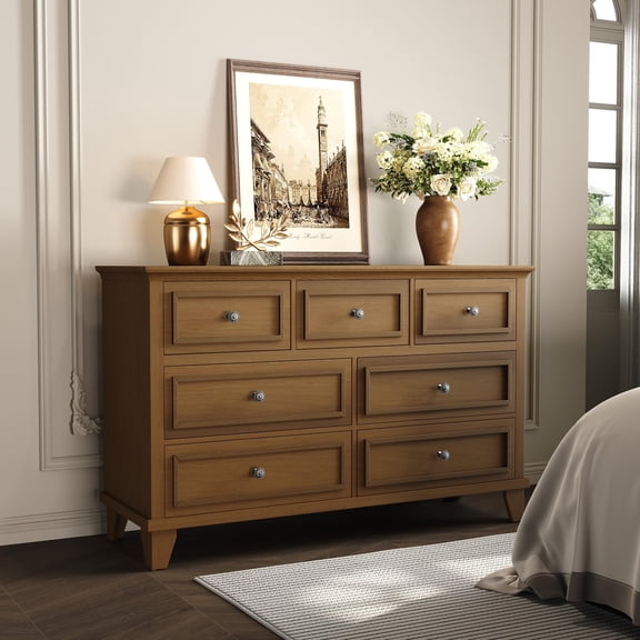 7 Drawer Dresser, Large Wooden Storage Chest of Drawers with Exquisite Metal Handles, 47" Wide Dresser TV Stand, Drawer Organizer for Bedroom, Living Room, Hallway, Entryway