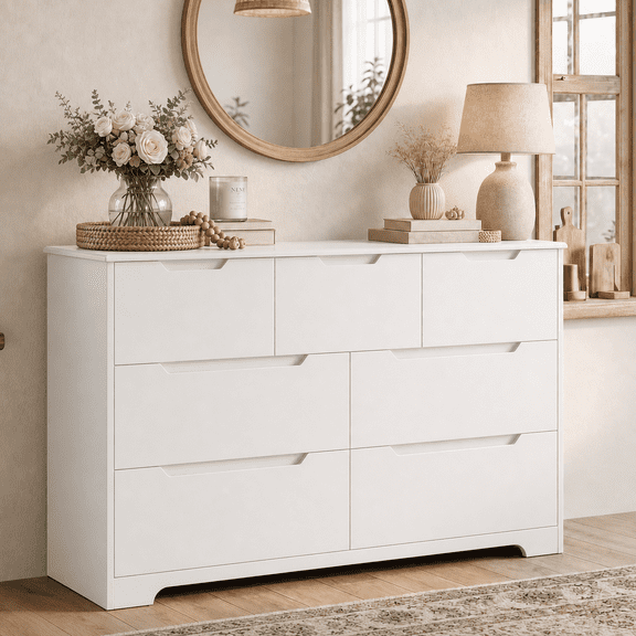 Aiho Modern 7 Drawer Dresser, 47" Wide White Chest of Drawers with Anti-Tip & Handleless Design, Storage Organizer for Nursery, Living Room, Entryway, Bedroom
