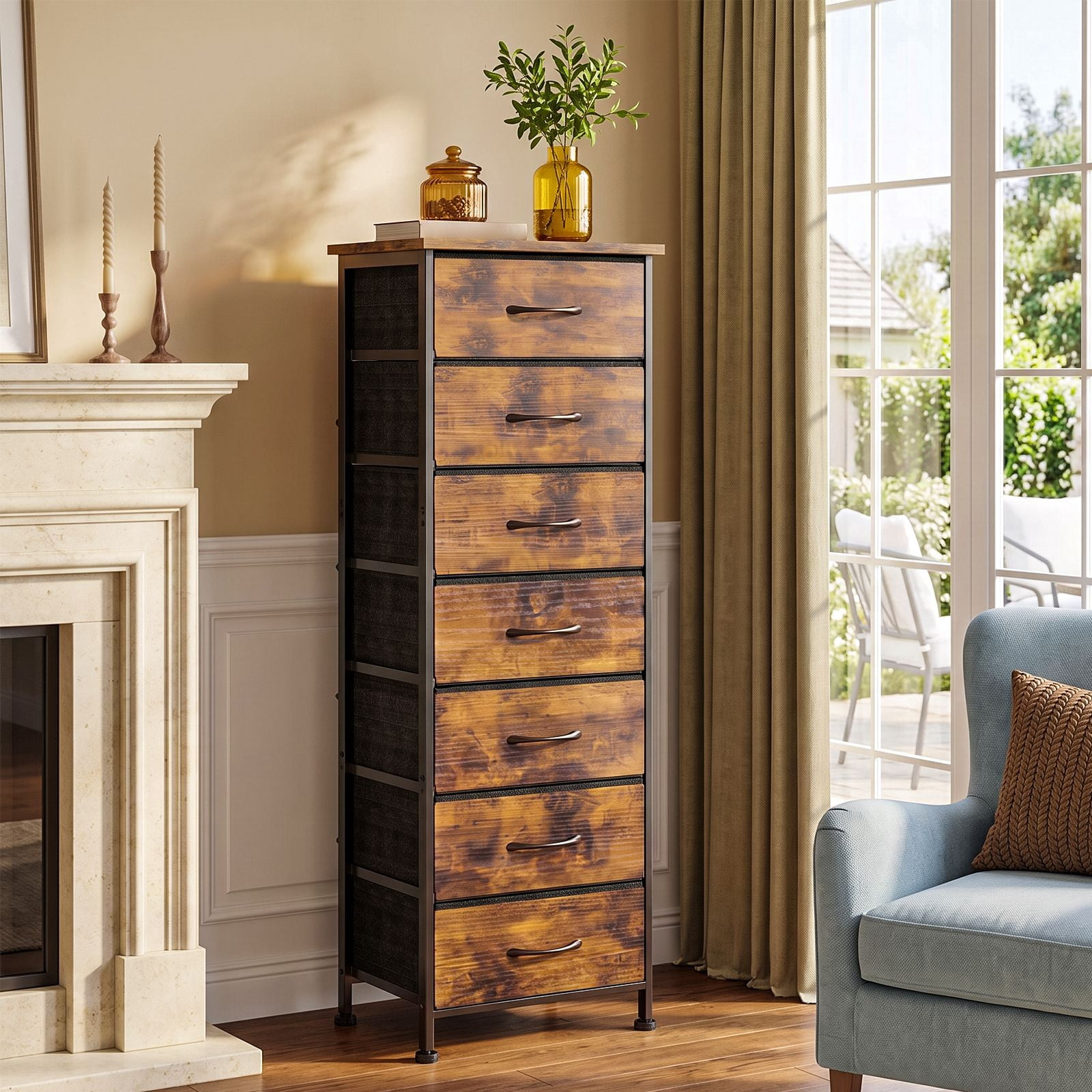 7-Drawer Dresser, Narrow Tall Storage Tower with Wood Top, Steel Frame, Fabric Drawers, Anti-Tip Strap, 47 in High